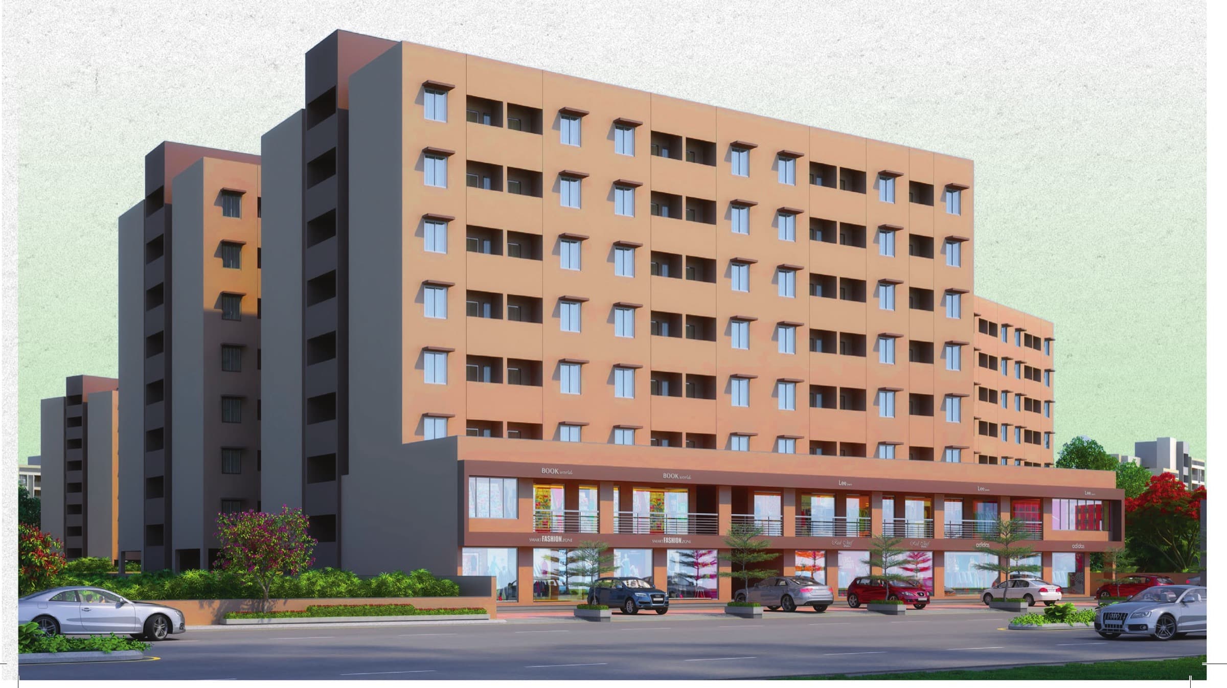 Ekta Heights elevation — multi-storey blocks with ground-floor retail shops